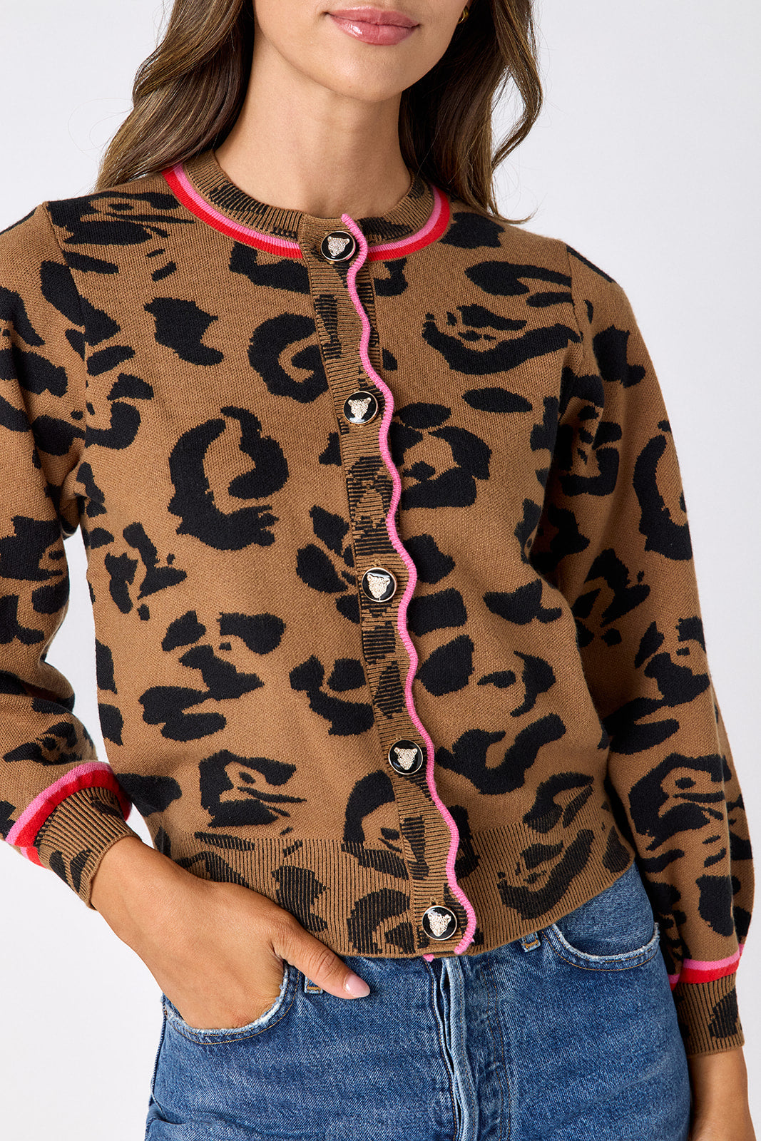 Leopard long sleeve cardigan sweater on model – CROSBY by Mollie Burch