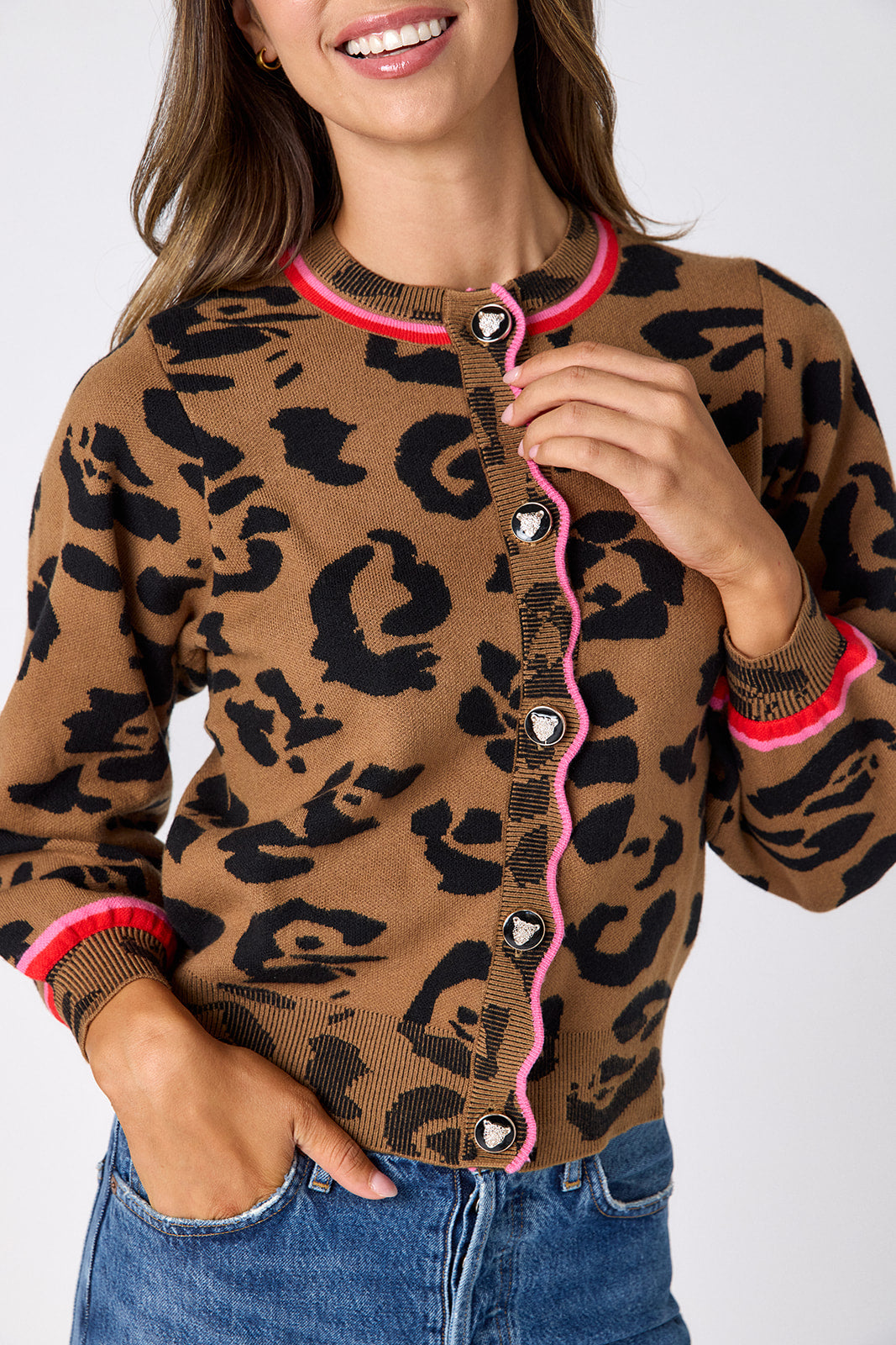 Leopard long sleeve cardigan sweater on model – CROSBY by Mollie Burch