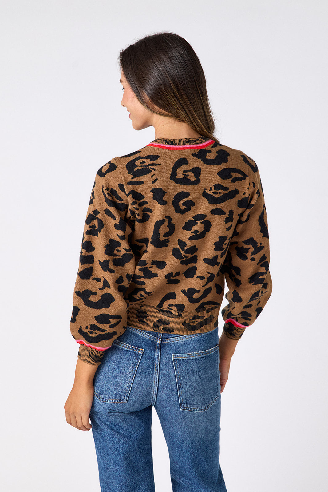 Leopard long sleeve cardigan sweater on model – CROSBY by Mollie Burch