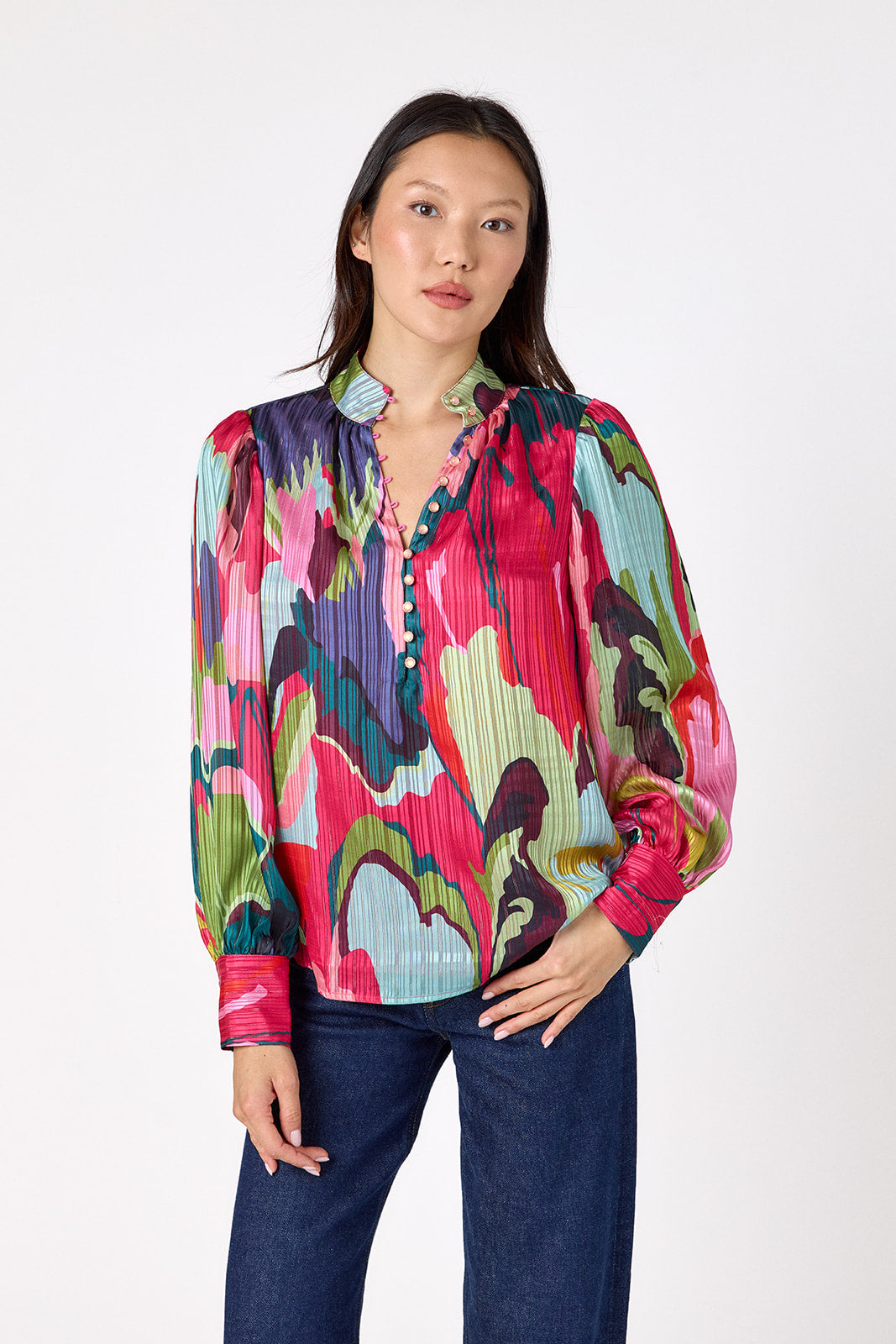 Leland Blouse in Life of the Party featuring puff sleeves and milky pink, gold-rimmed buttons on model – CROSBY by Mollie Burch