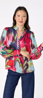 Leland Blouse in Life of the Party featuring puff sleeves and milky pink, gold-rimmed buttons on model – CROSBY by Mollie Burch