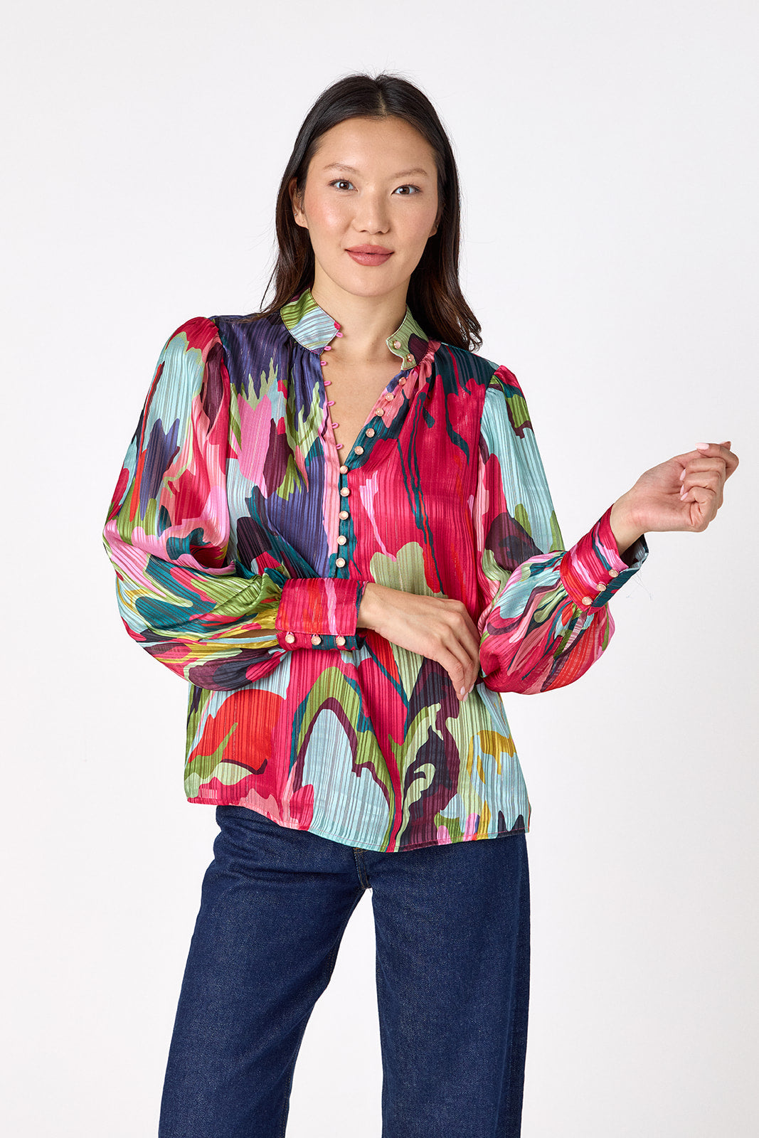 Leland Blouse in Life of the Party featuring puff sleeves and milky pink, gold-rimmed buttons on model – CROSBY by Mollie Burch