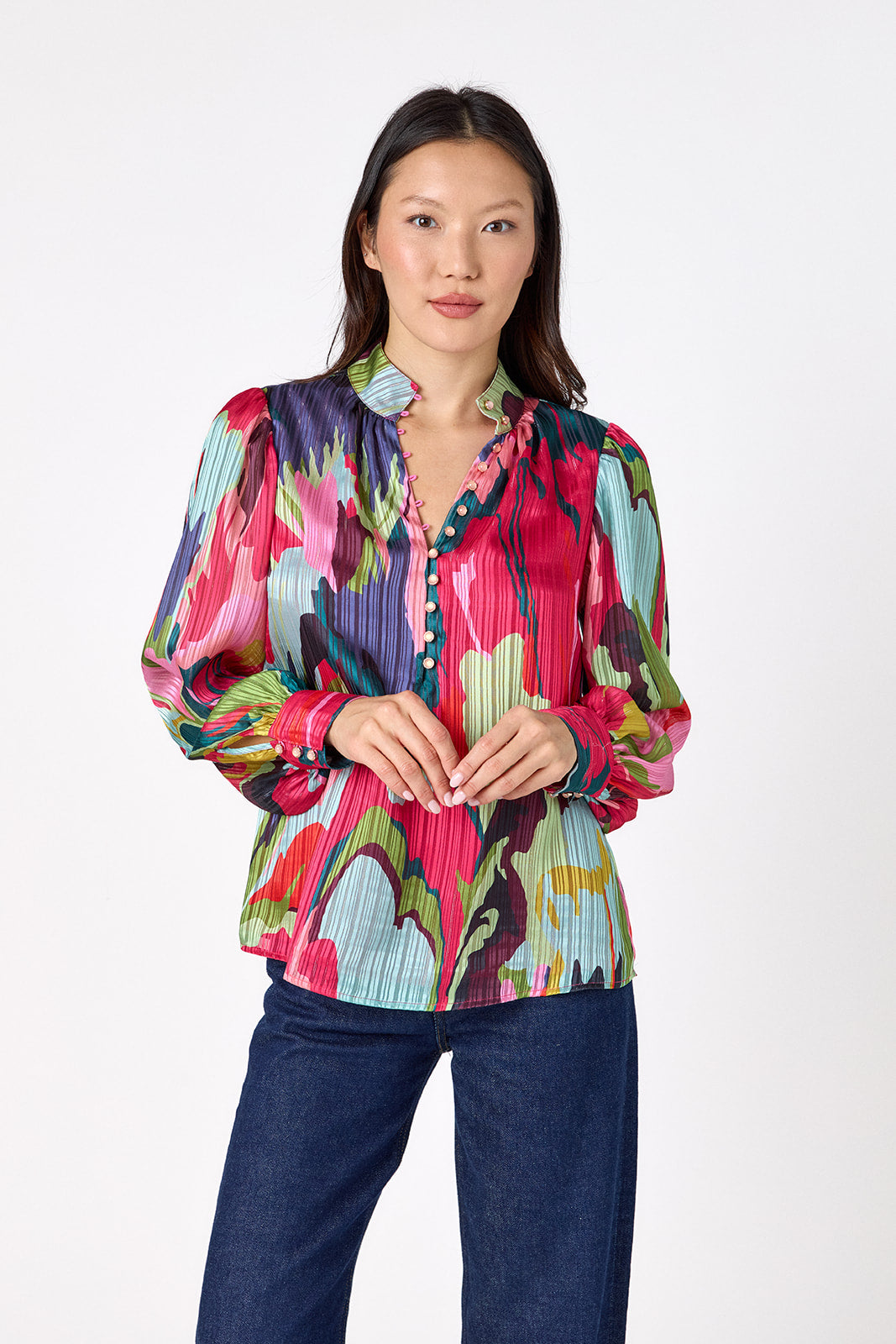 Leland Blouse in Life of the Party featuring puff sleeves and milky pink, gold-rimmed buttons on model – CROSBY by Mollie Burch