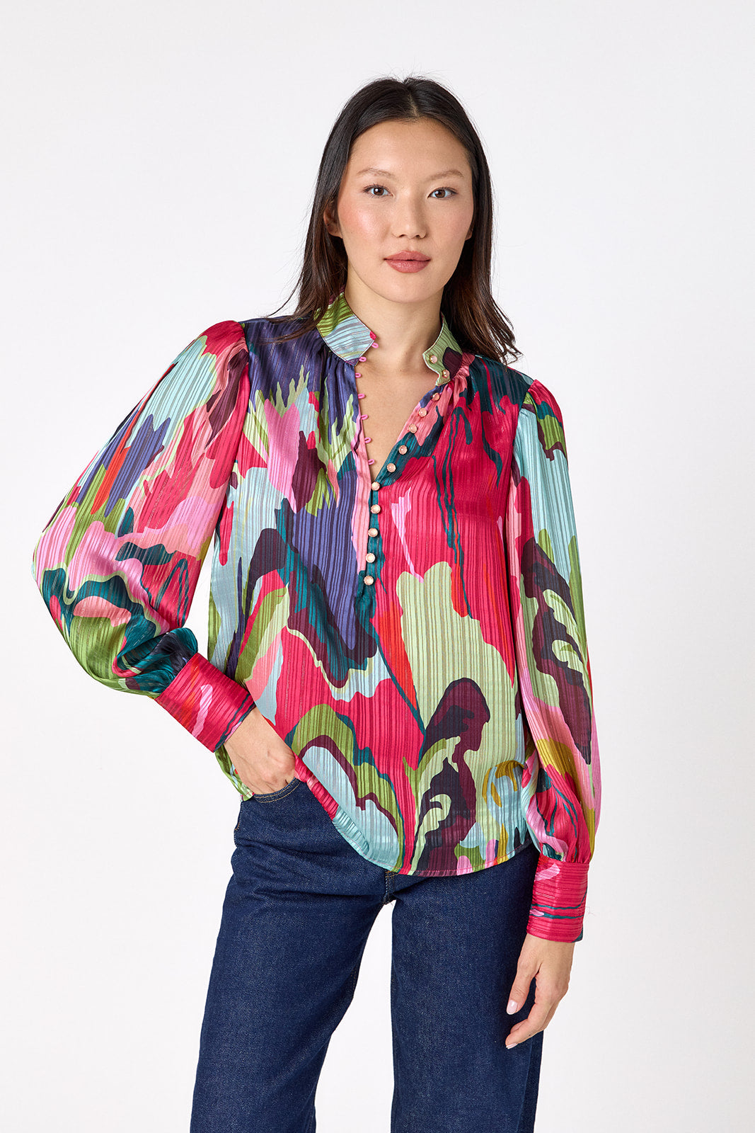 Leland Blouse in Life of the Party featuring puff sleeves and milky pink, gold-rimmed buttons on model – CROSBY by Mollie Burch