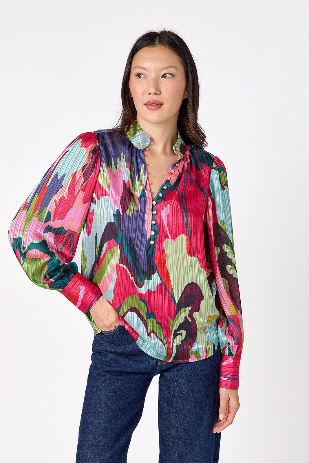 Leland Blouse in Life of the Party featuring puff sleeves and milky pink, gold-rimmed buttons on model – CROSBY by Mollie Burch