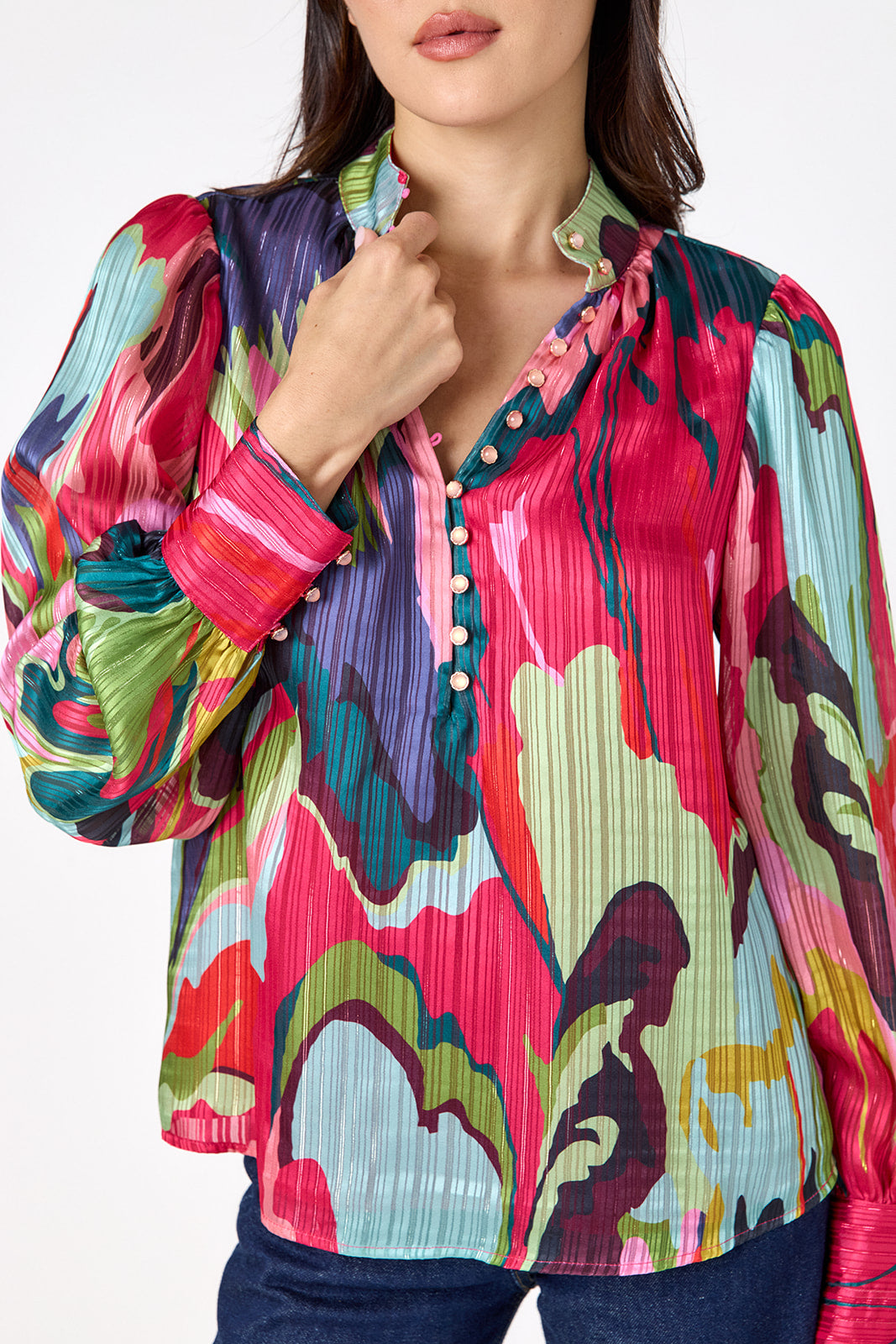Leland Blouse in Life of the Party featuring puff sleeves and milky pink, gold-rimmed buttons on model – CROSBY by Mollie Burch