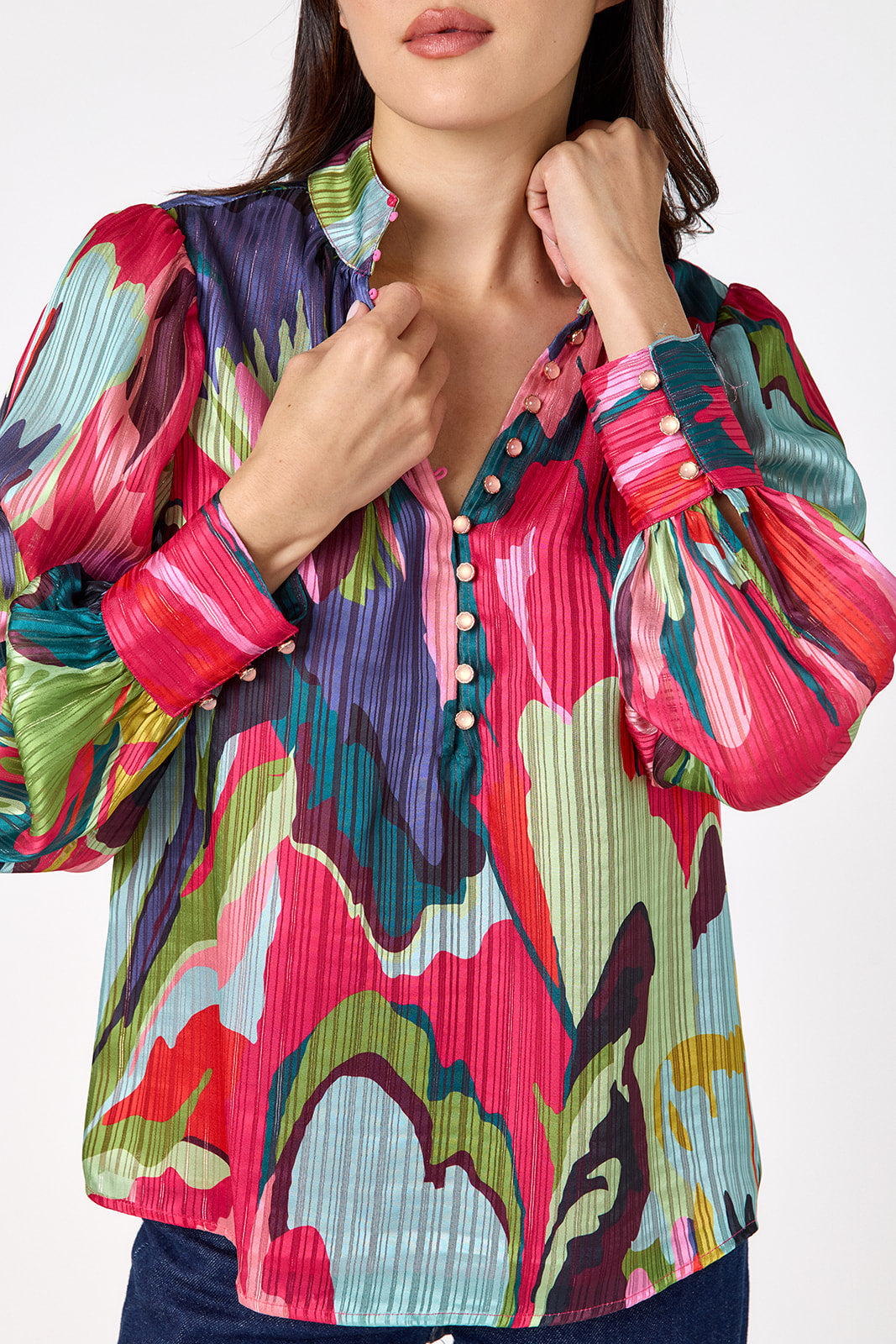 Leland Blouse in Life of the Party featuring puff sleeves and milky pink, gold-rimmed buttons on model – CROSBY by Mollie Burch