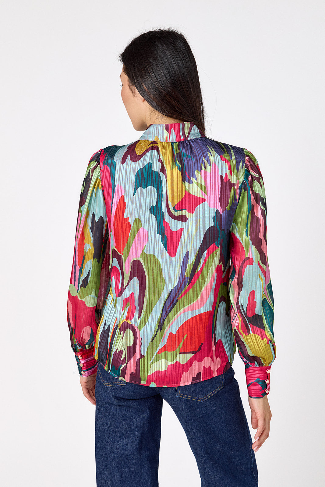 Leland Blouse in Life of the Party featuring puff sleeves and milky pink, gold-rimmed buttons on model – CROSBY by Mollie Burch