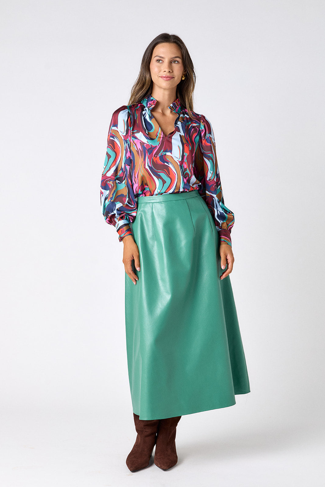 Malachite voluminous faux leather A-line skirt on model – CROSBY by Mollie Burch