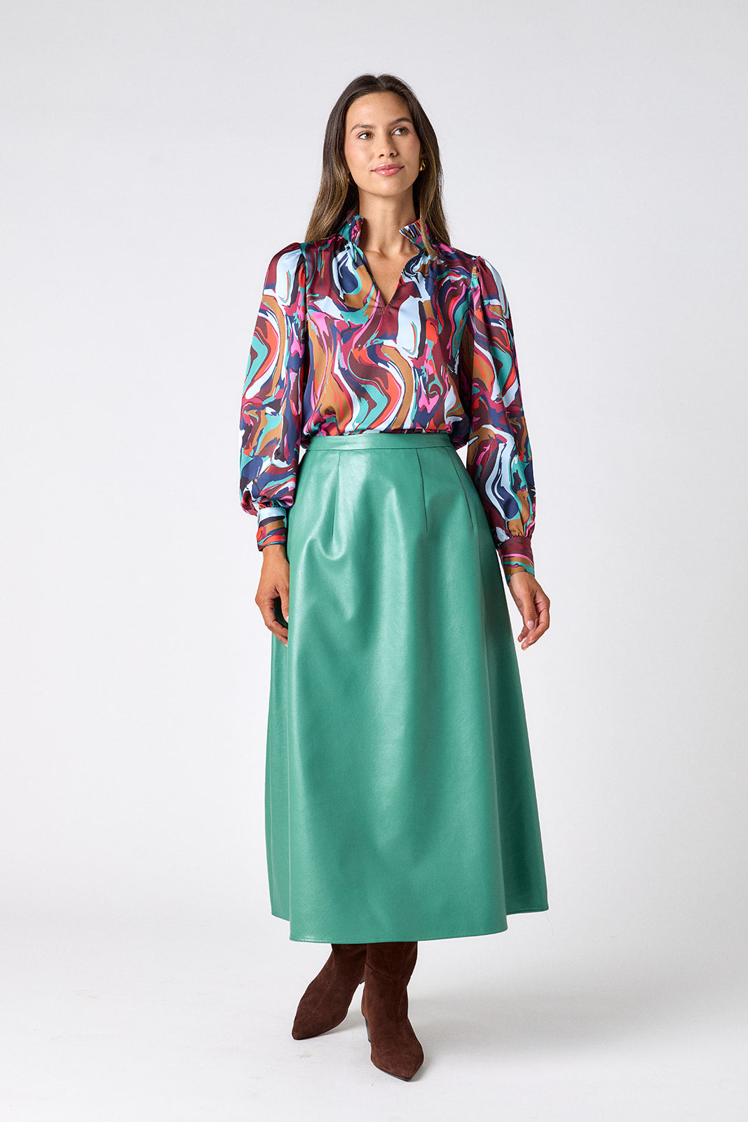 Color Current relaxed fit long-sleeve blouse with ruffle standing collar on model – CROSBY by Mollie Burch