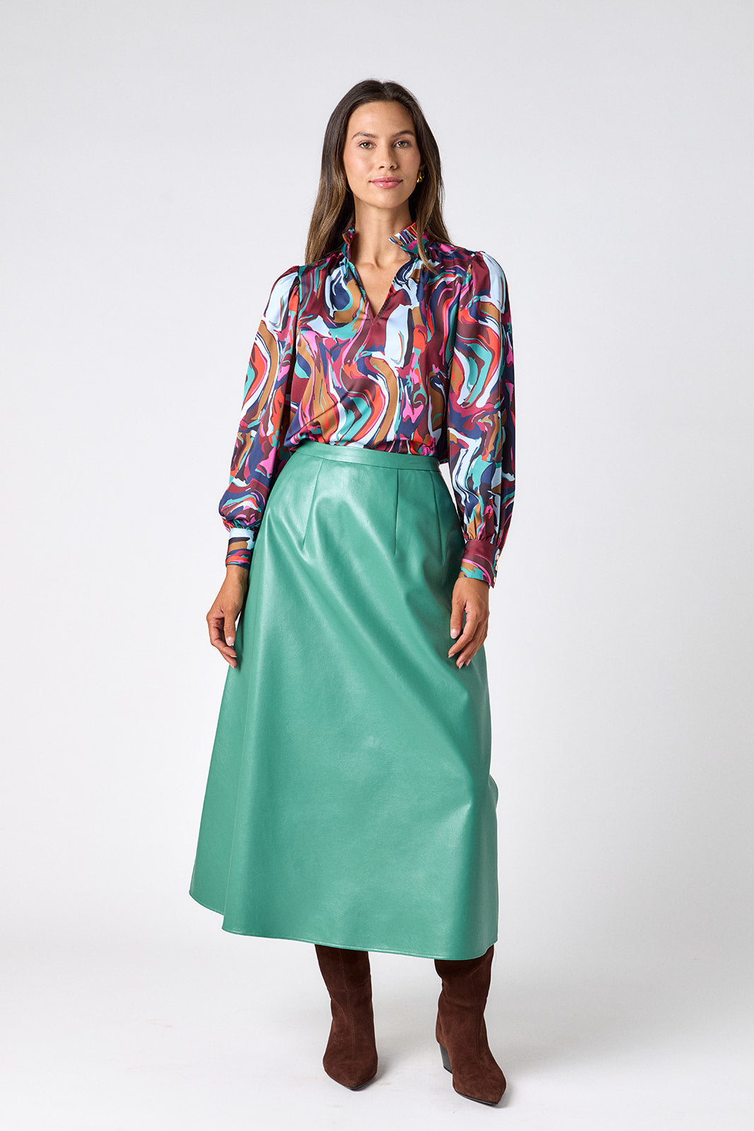 Malachite voluminous faux leather A-line skirt on model – CROSBY by Mollie Burch