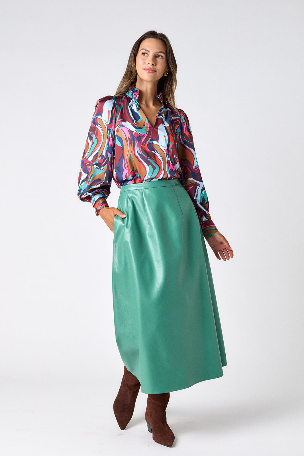Malachite voluminous faux leather A-line skirt on model – CROSBY by Mollie Burch