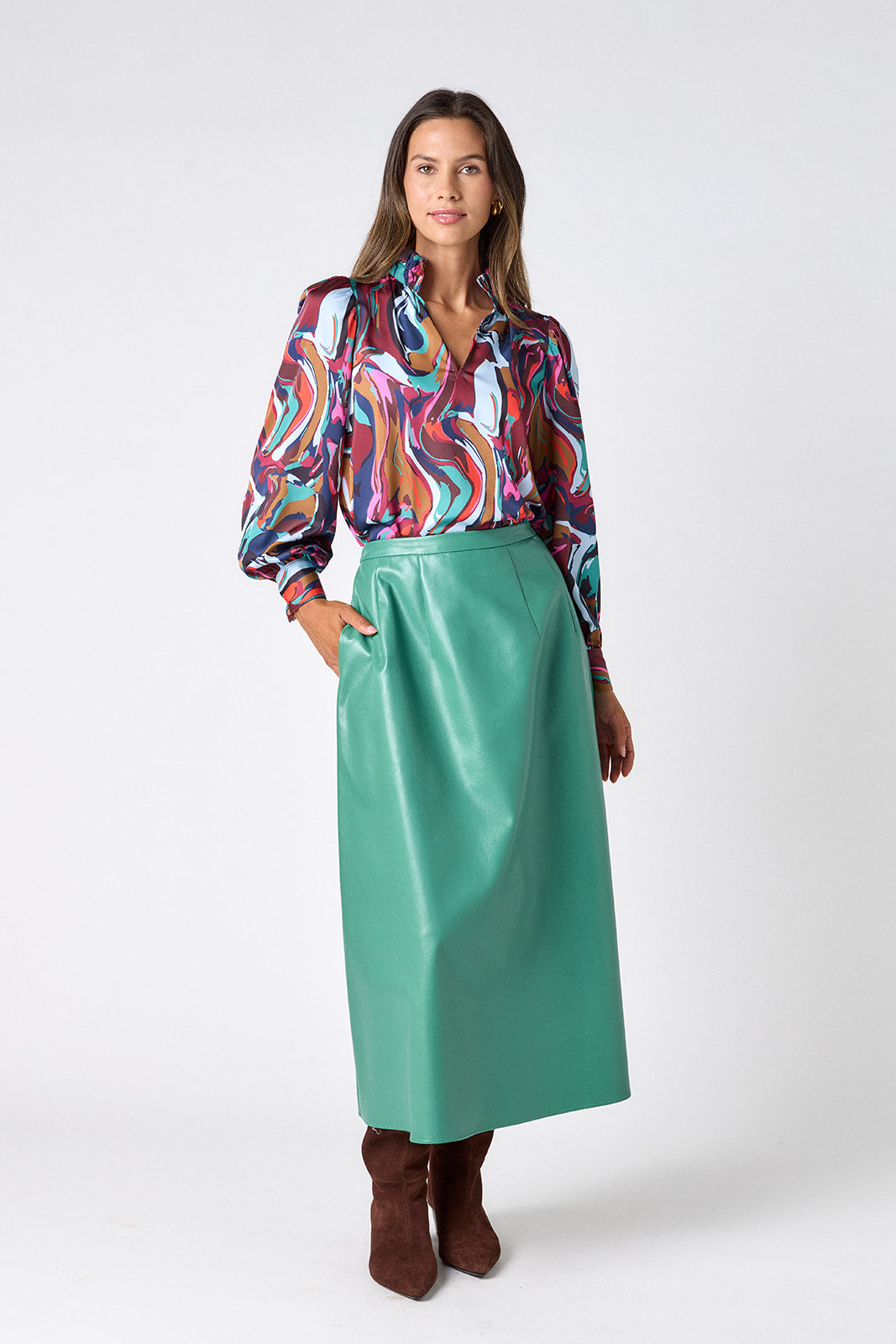 Malachite voluminous faux leather A-line skirt on model – CROSBY by Mollie Burch