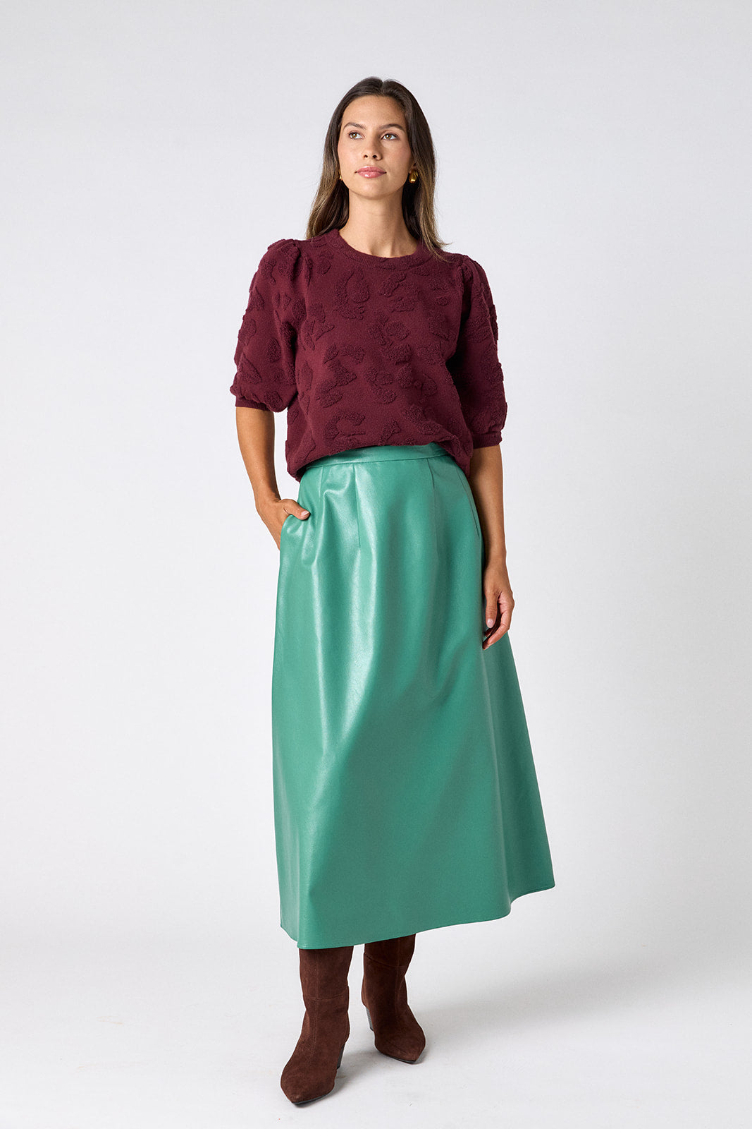 Malachite voluminous faux leather A-line skirt on model – CROSBY by Mollie Burch