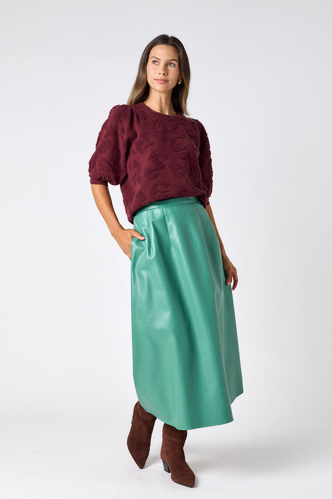 Malachite voluminous faux leather A-line skirt on model – CROSBY by Mollie Burch
