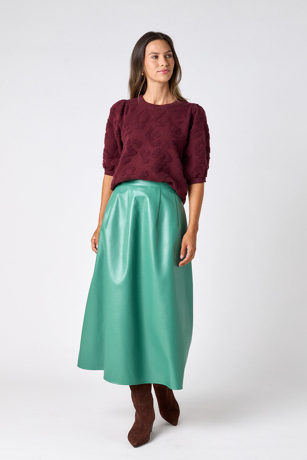 Malachite voluminous faux leather A-line skirt on model – CROSBY by Mollie Burch