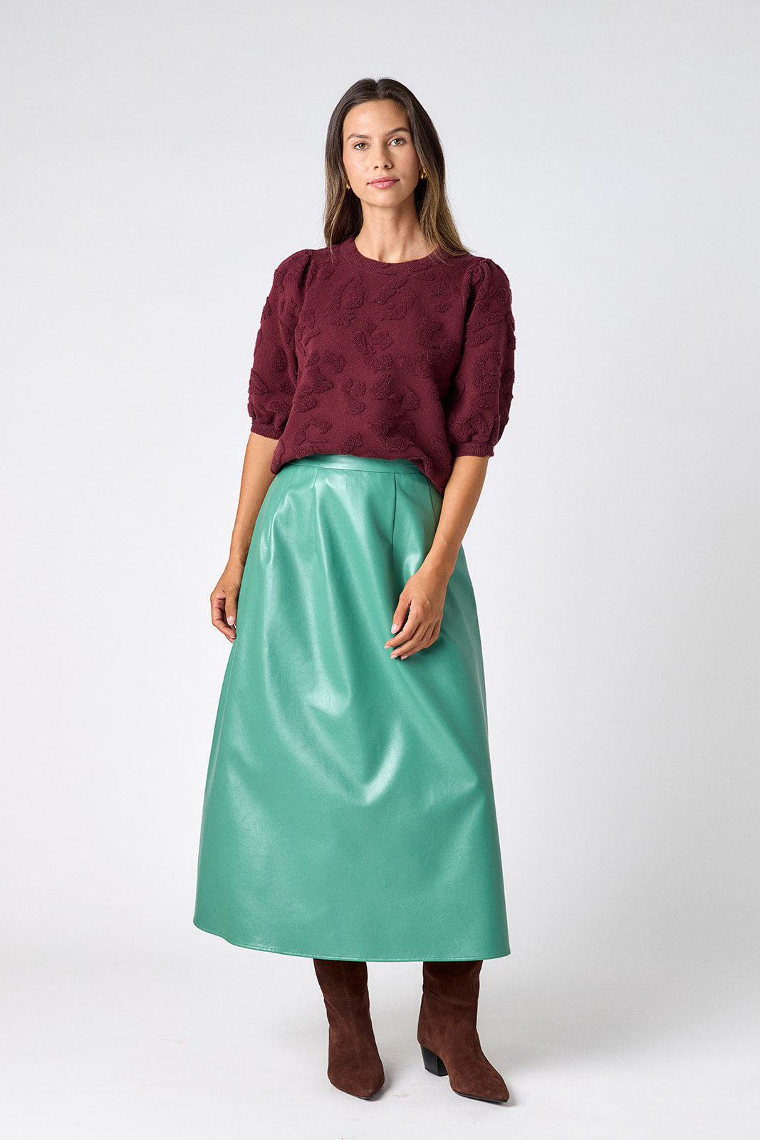 Malachite voluminous faux leather A-line skirt on model – CROSBY by Mollie Burch