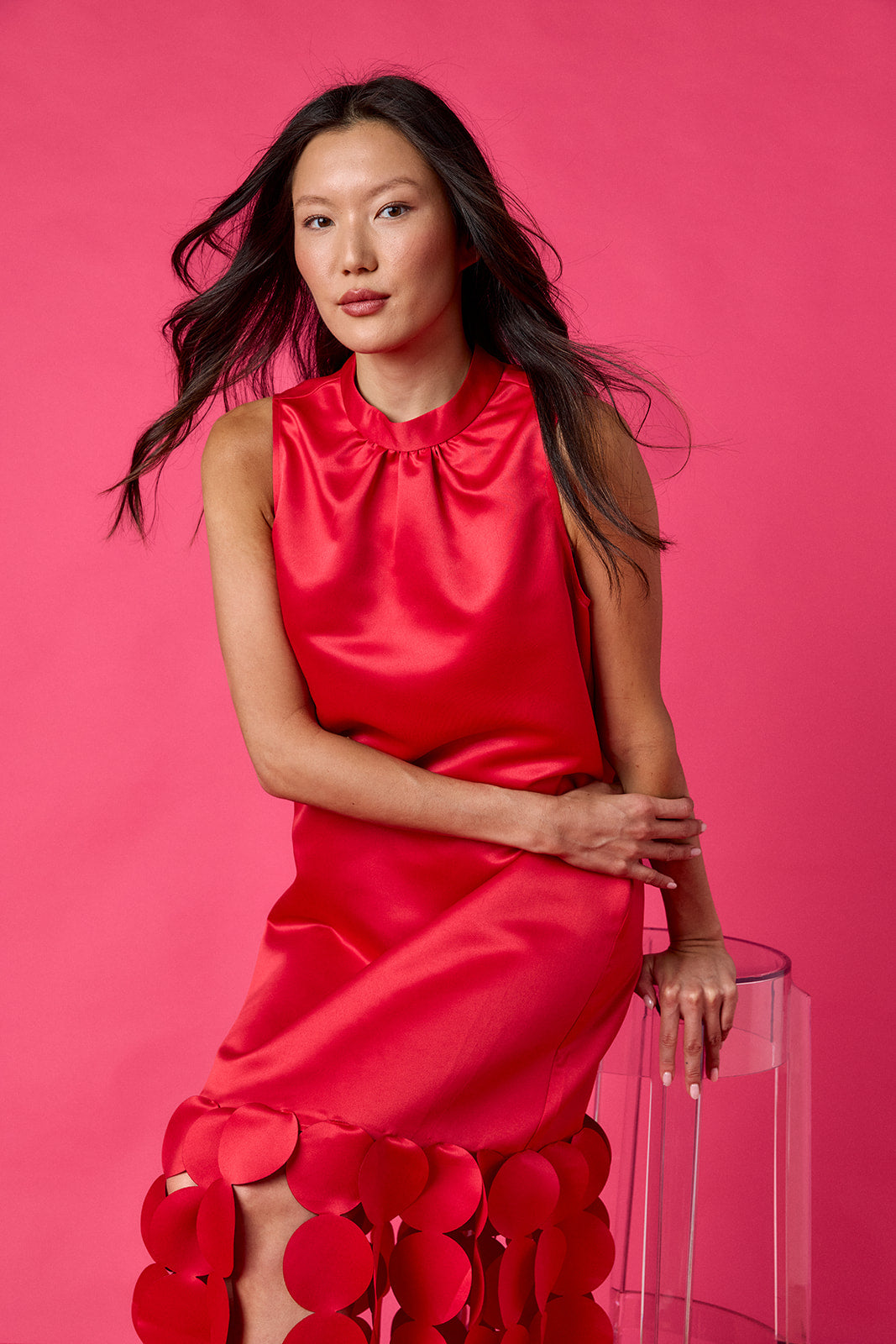 Red satin festive party dress on model – CROSBY by Mollie Burch