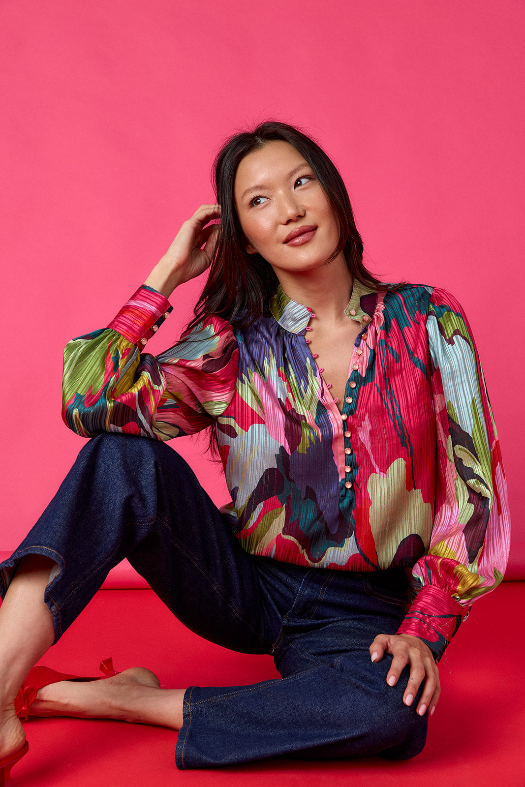 Leland Blouse in Life of the Party featuring puff sleeves and milky pink, gold-rimmed buttons on model – CROSBY by Mollie Burch