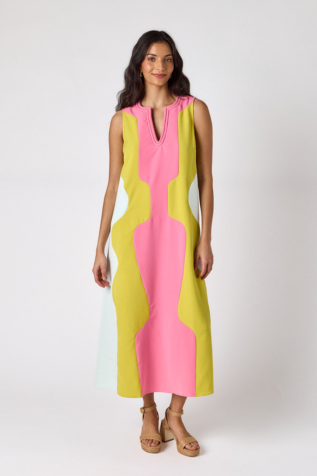 Garden Colorblock sleeveless v-neck ankle length dress on model — CROSBY by Mollie Burch