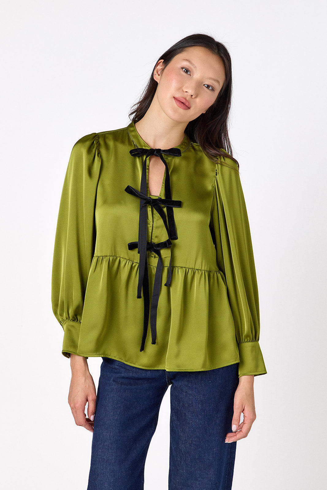Renny Top featuring festive velvet bow detailing on model – CROSBY by Mollie Burch