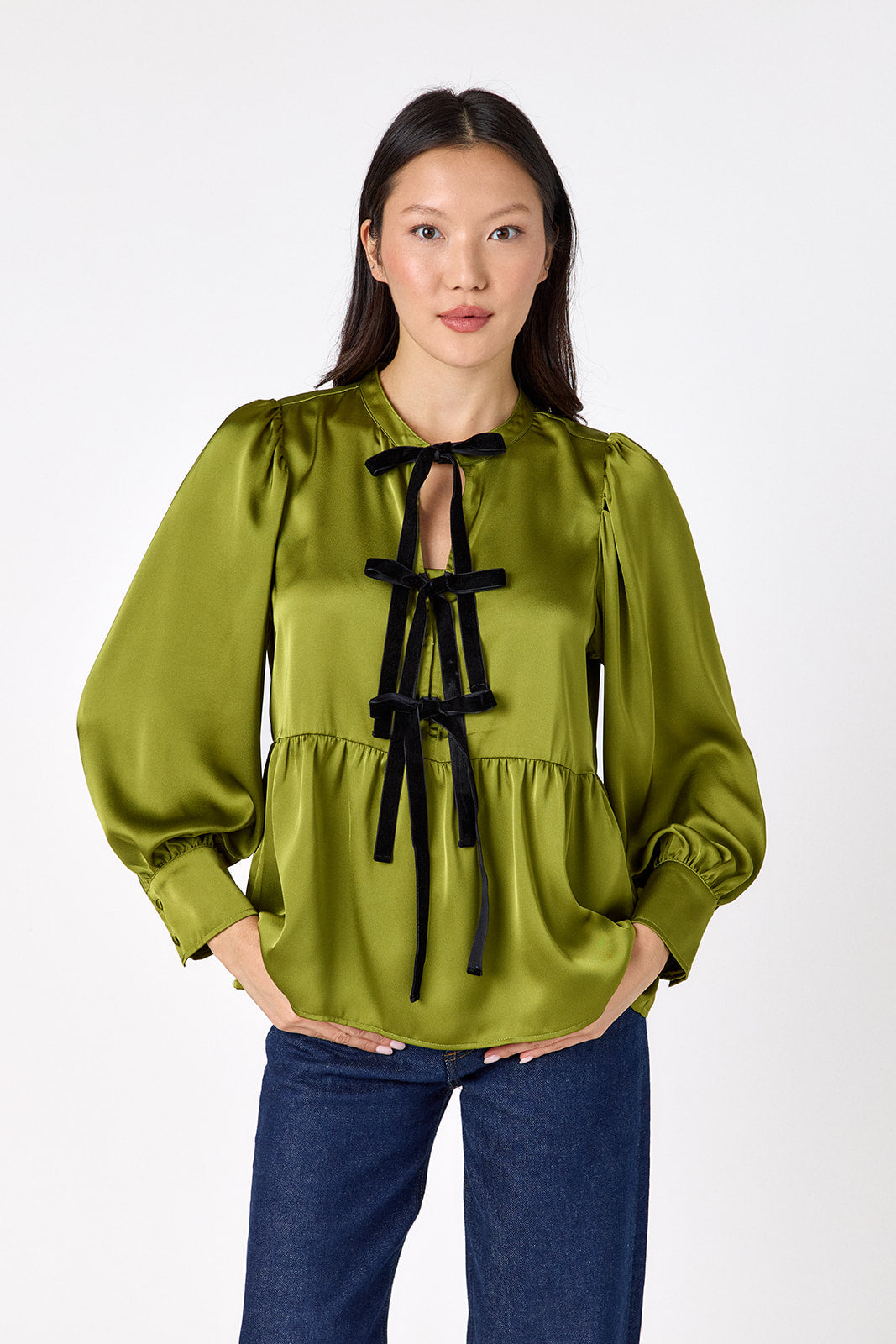 Renny Top featuring festive velvet bow detailing on model – CROSBY by Mollie Burch