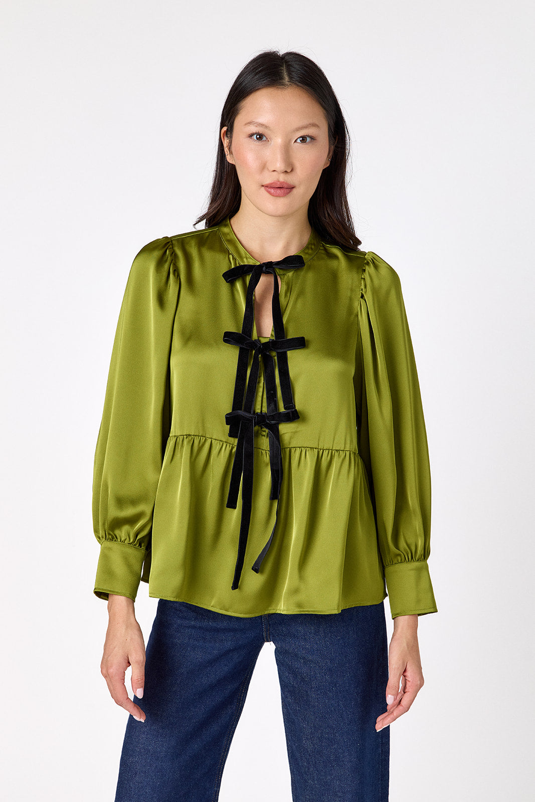 Renny Top featuring festive velvet bow detailing on model – CROSBY by Mollie Burch