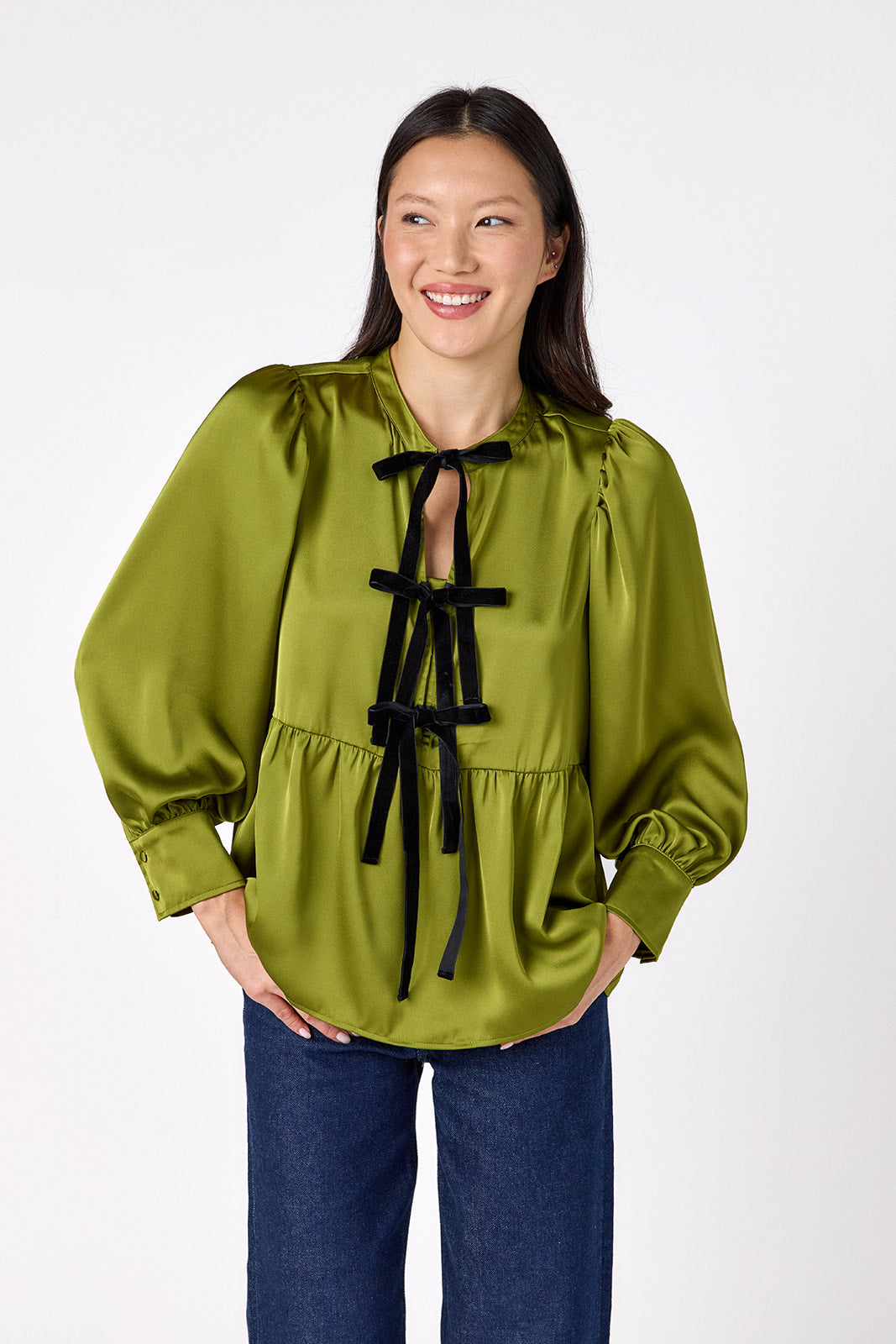 Renny Top featuring festive velvet bow detailing on model – CROSBY by Mollie Burch