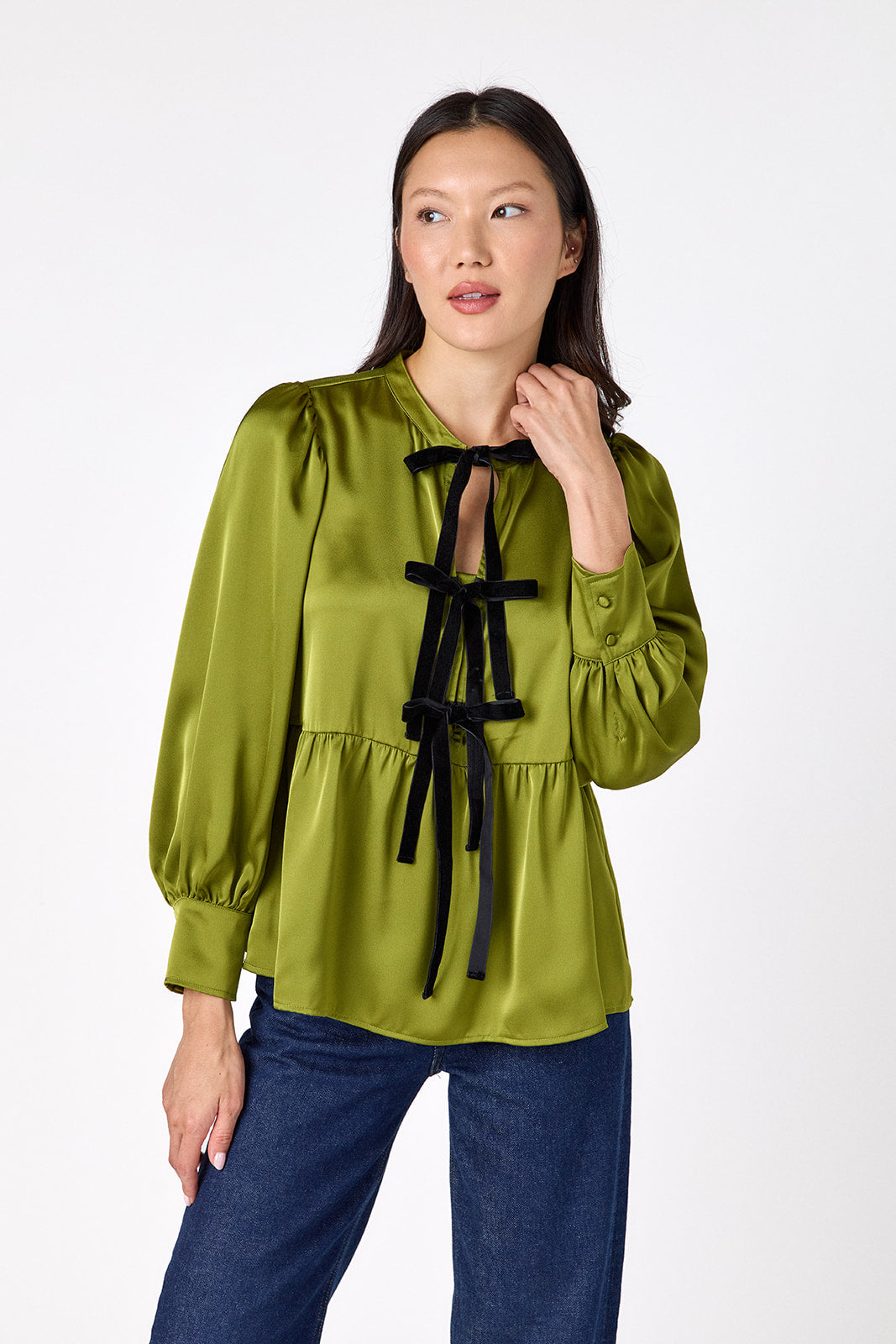 Renny Top featuring festive velvet bow detailing on model – CROSBY by Mollie Burch