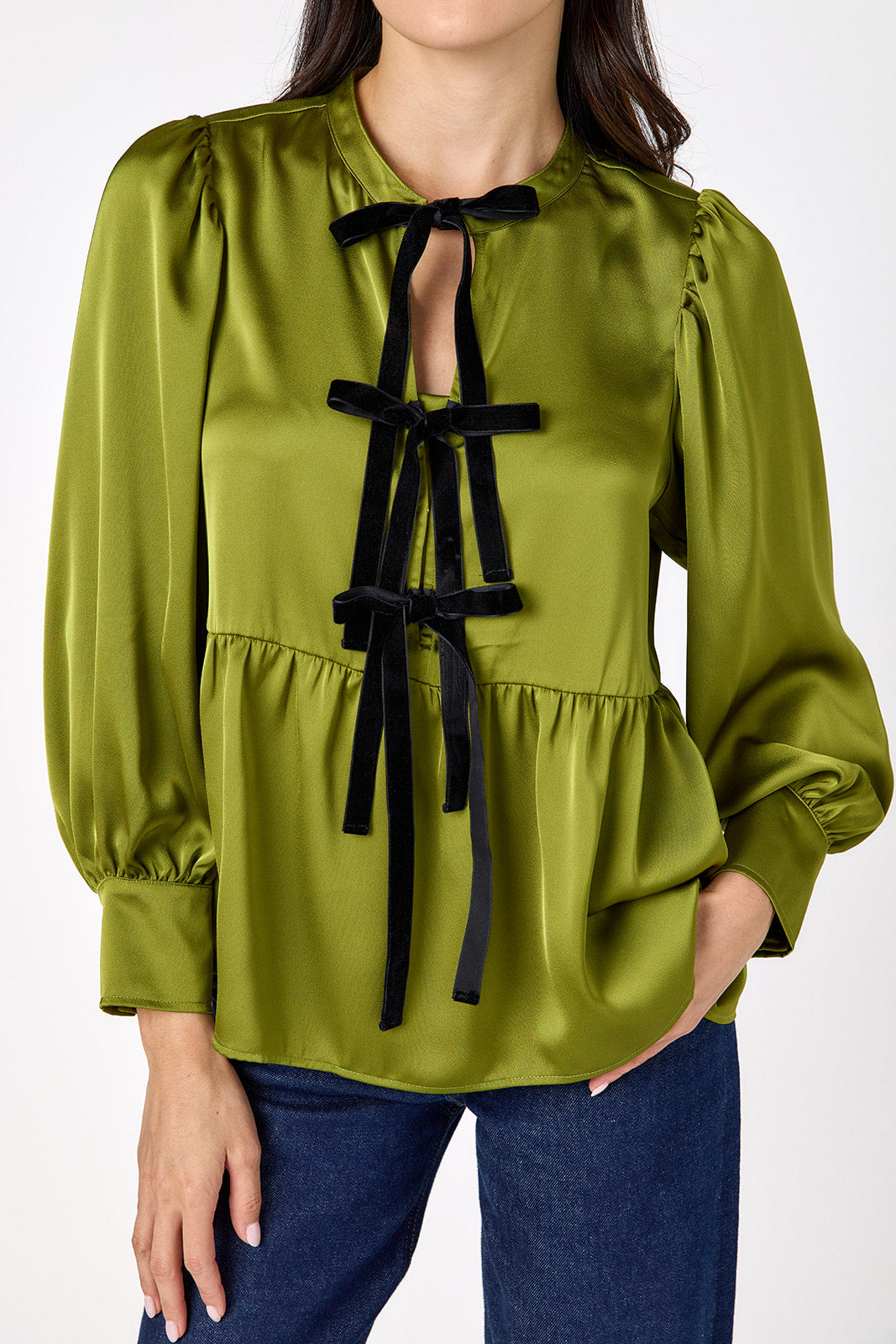 Renny Top featuring festive velvet bow detailing on model – CROSBY by Mollie Burch