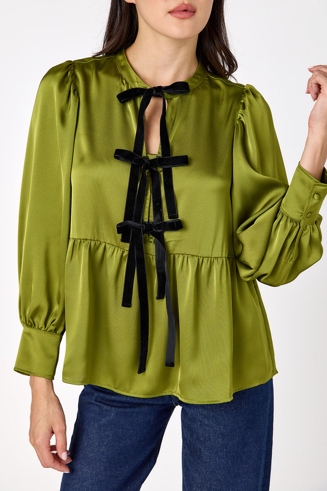 Renny Top featuring festive velvet bow detailing on model – CROSBY by Mollie Burch