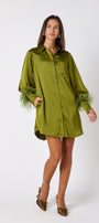 Crawford Dress in Martini featuring ostrich feather cuffs and button-front detailing on model – CROSBY by Mollie Burch