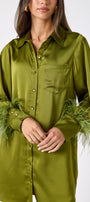 Crawford Dress in Martini featuring ostrich feather cuffs and button-front detailing on model – CROSBY by Mollie Burch