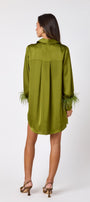 Crawford Dress in Martini featuring ostrich feather cuffs and button-front detailing on model – CROSBY by Mollie Burch