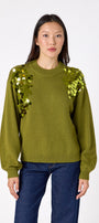 Martini drop shoulder sweater with sequin detailing on model – CROSBY by Mollie Burch