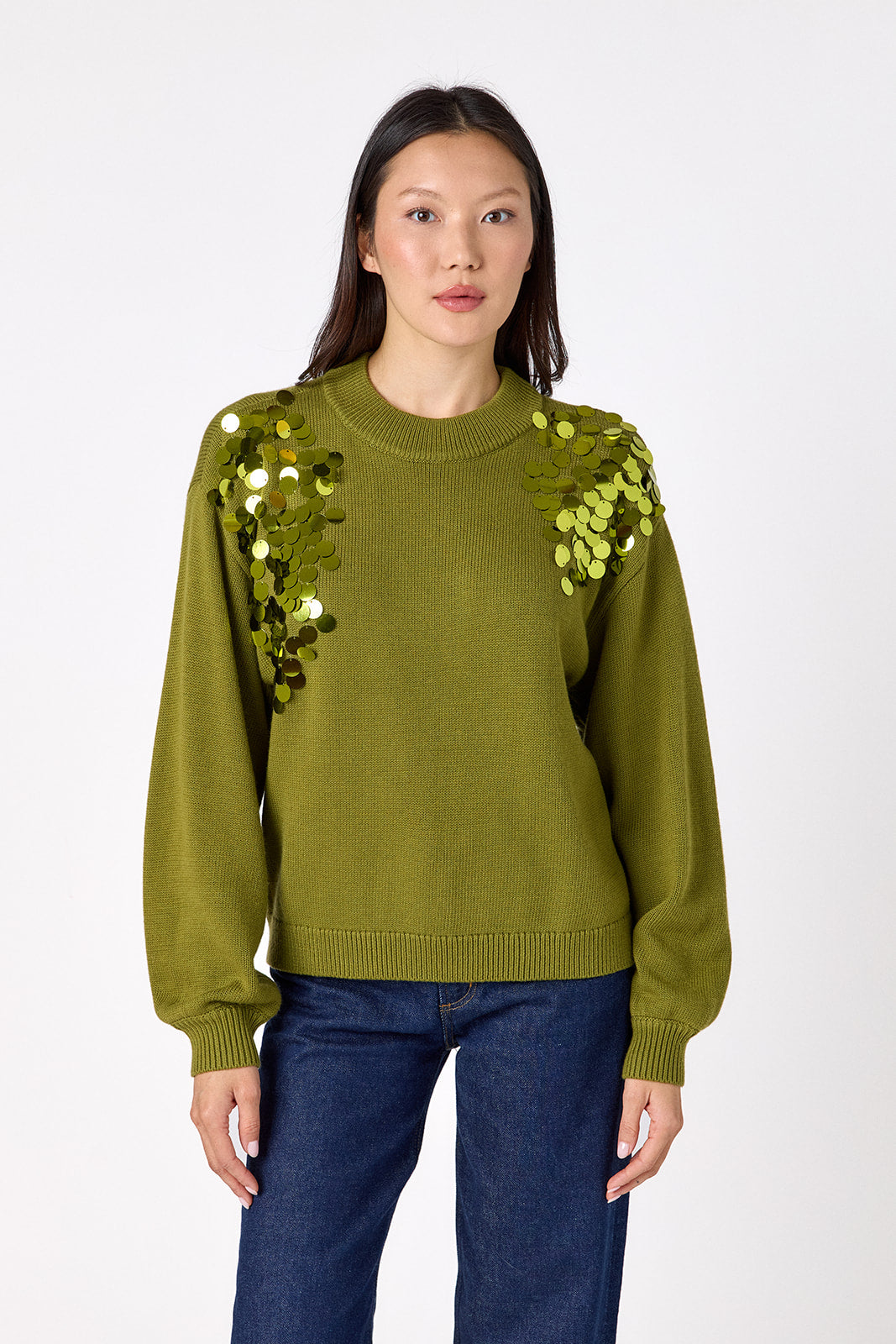Martini drop shoulder sweater with sequin detailing on model – CROSBY by Mollie Burch