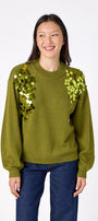 Martini drop shoulder sweater with sequin detailing on model – CROSBY by Mollie Burch