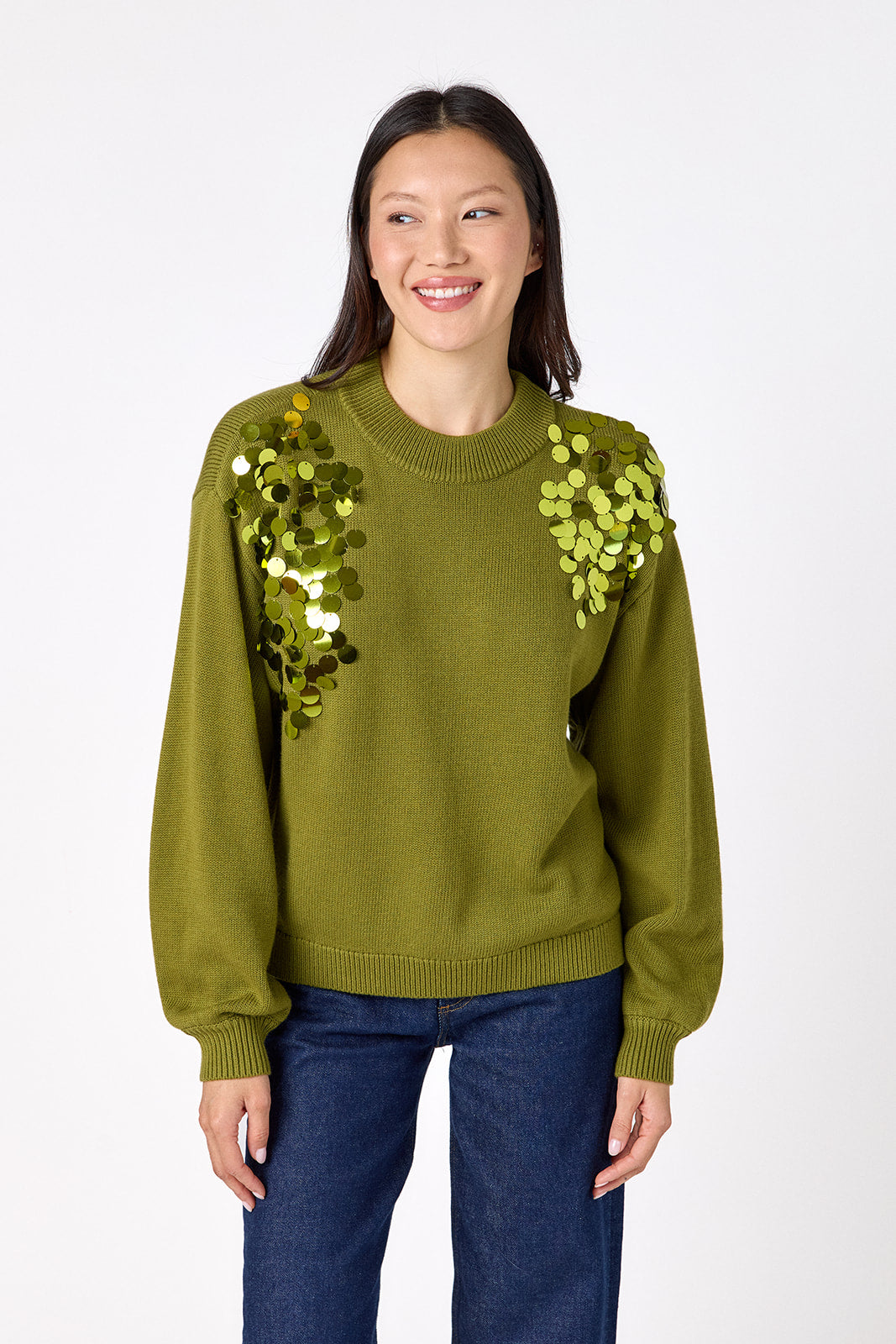 Martini drop shoulder sweater with sequin detailing on model – CROSBY by Mollie Burch