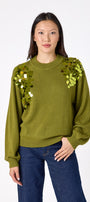 Martini drop shoulder sweater with sequin detailing on model – CROSBY by Mollie Burch