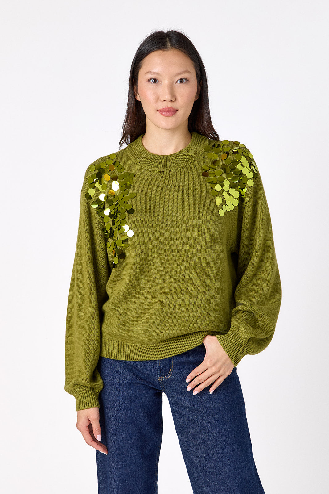 Martini drop shoulder sweater with sequin detailing on model – CROSBY by Mollie Burch