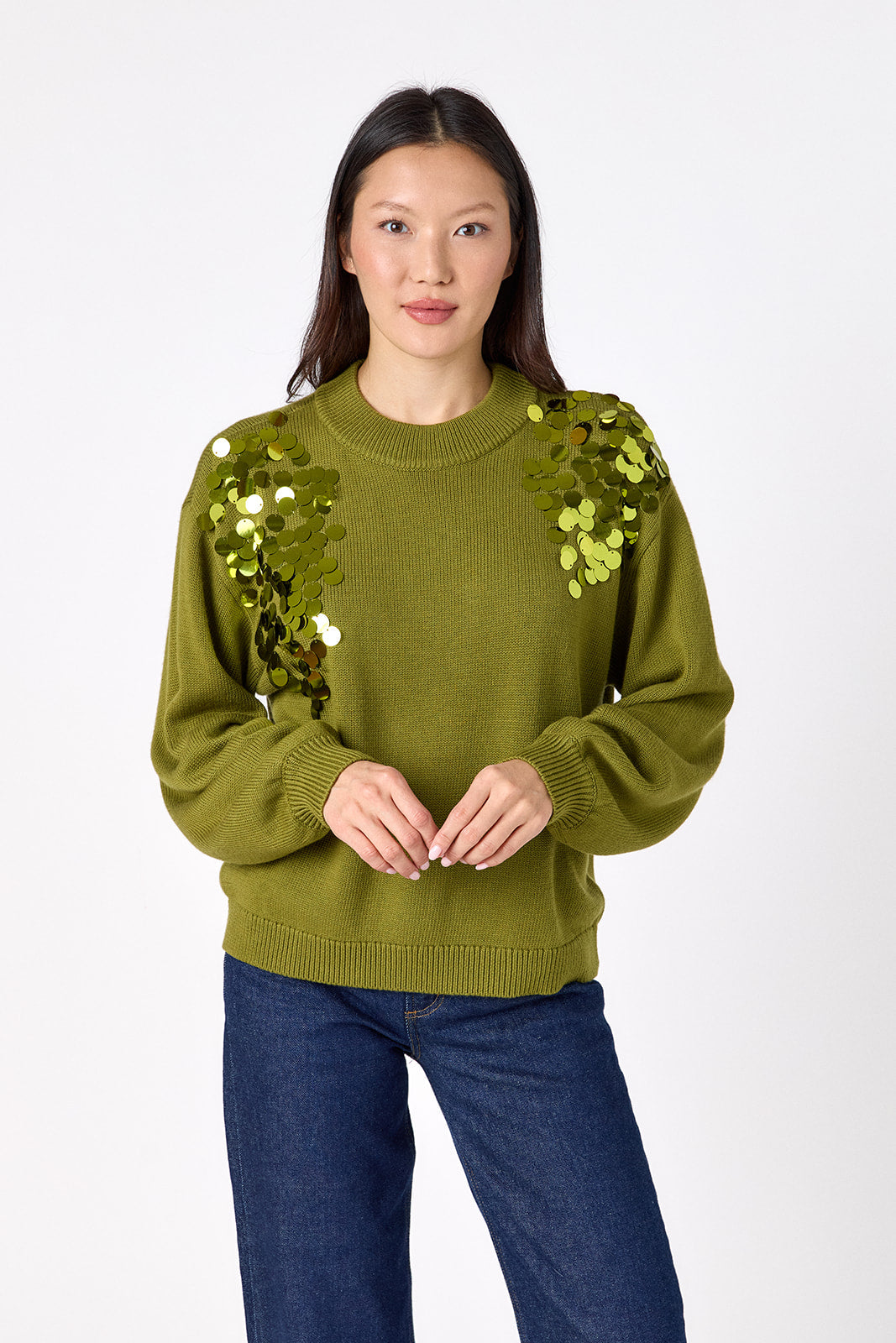 Martini drop shoulder sweater with sequin detailing on model – CROSBY by Mollie Burch