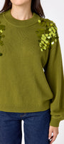Martini drop shoulder sweater with sequin detailing on model – CROSBY by Mollie Burch
