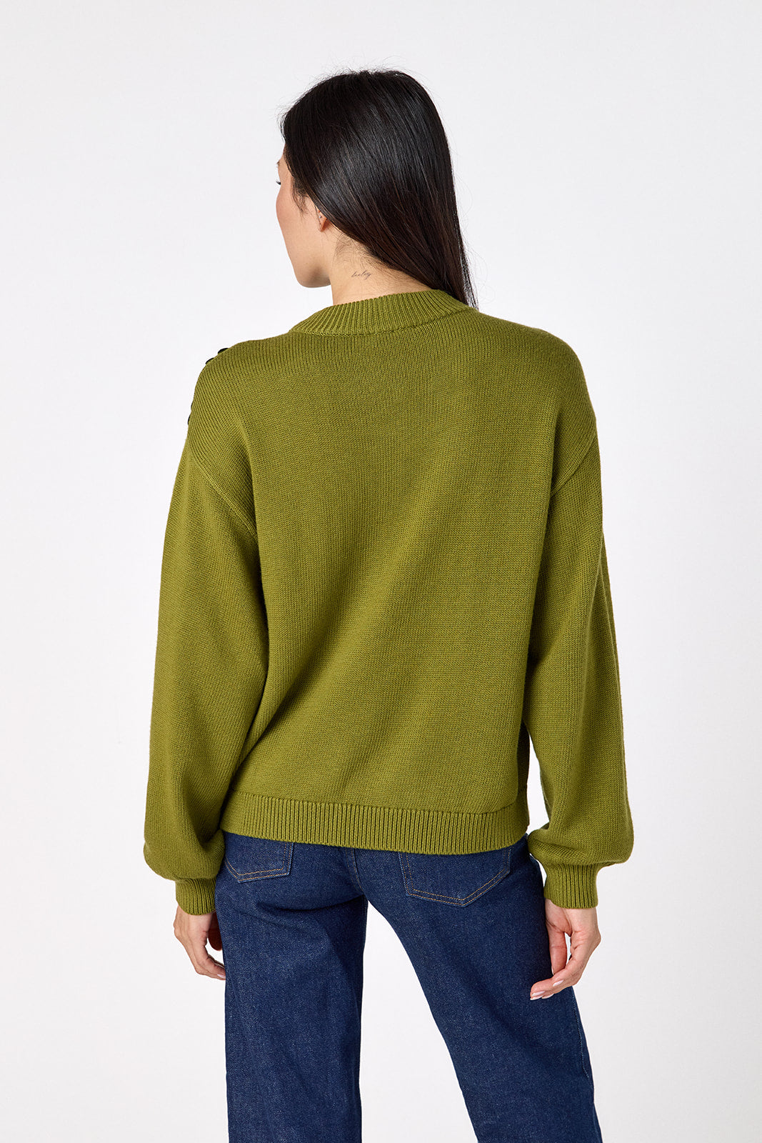 Martini drop shoulder sweater with sequin detailing on model – CROSBY by Mollie Burch