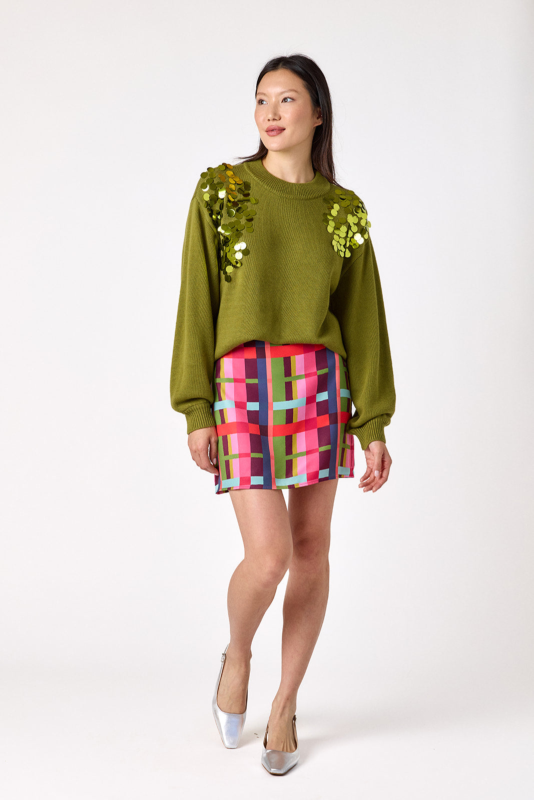 Martini drop shoulder sweater with sequin detailing on model – CROSBY by Mollie Burch