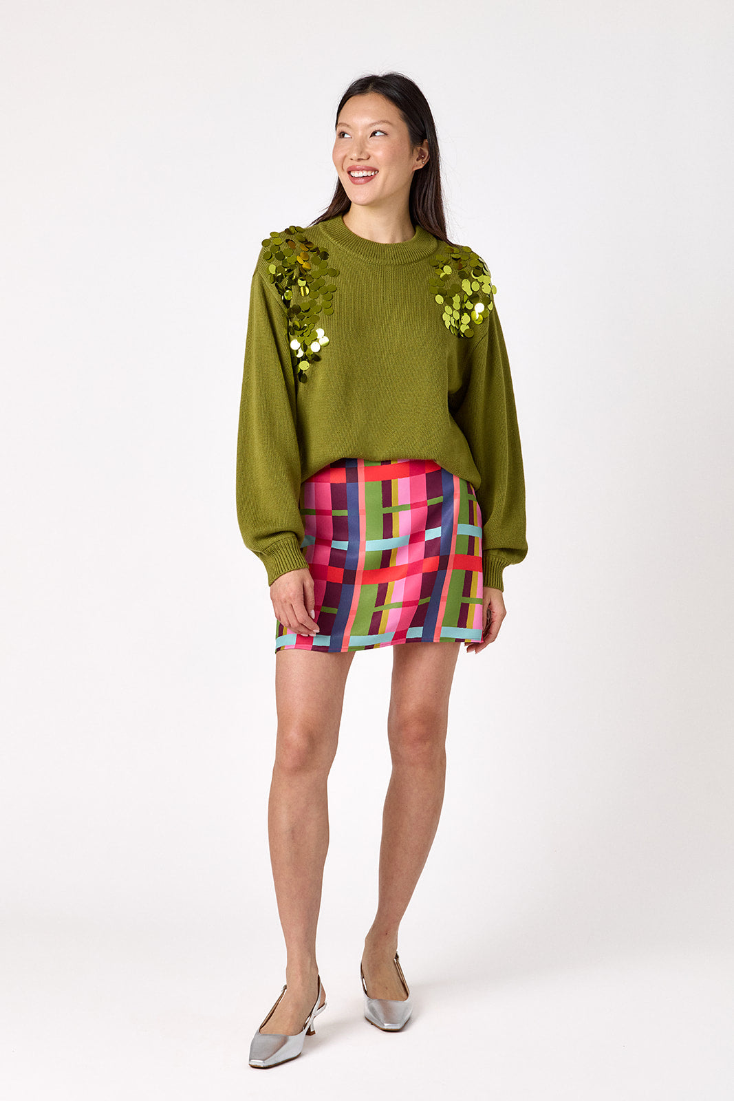 Martini drop shoulder sweater with sequin detailing on model – CROSBY by Mollie Burch