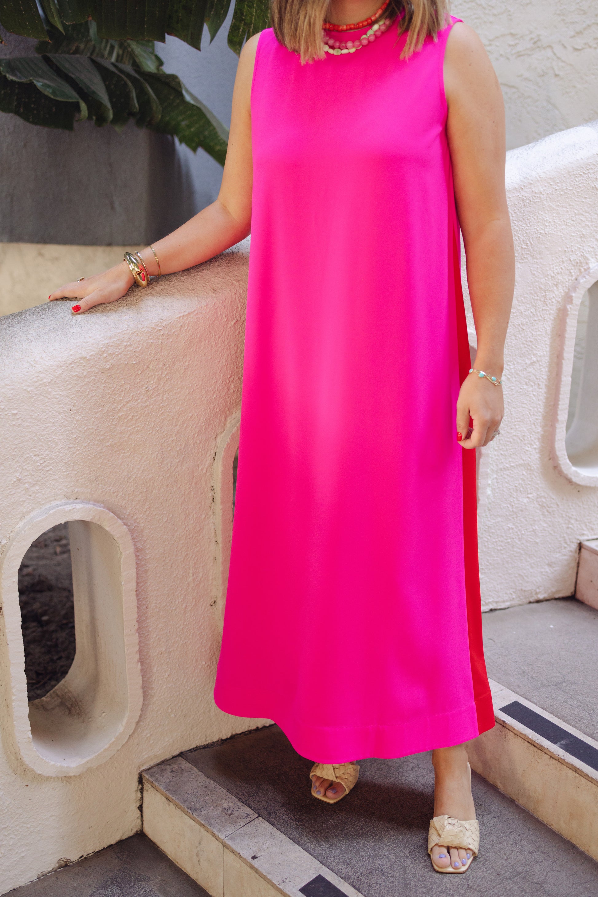 Mollie Pink voluminous sleeveless maxi dress on model — CROSBY by Mollie Burch