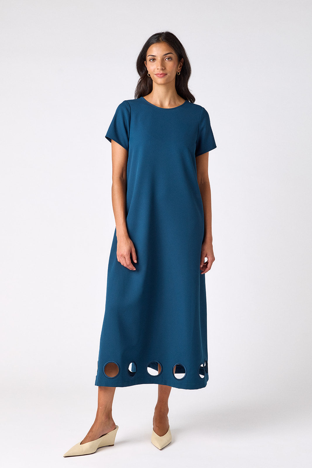 Midnight tent-style short sleeve dress on model – CROSBY by Mollie Burch