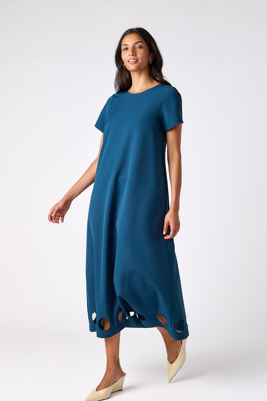 Midnight tent-style short sleeve dress on model – CROSBY by Mollie Burch