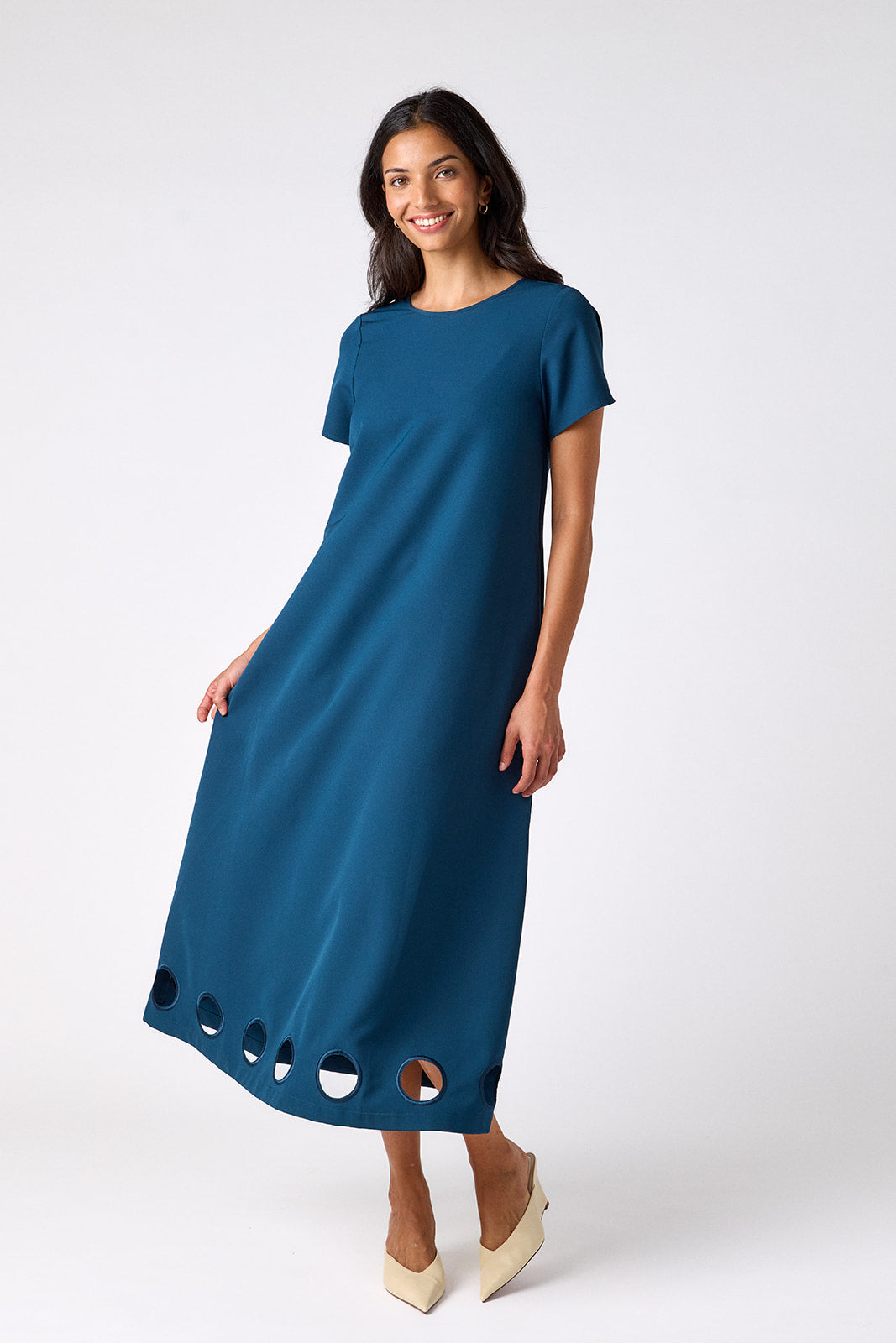 Midnight tent-style short sleeve dress on model – CROSBY by Mollie Burch