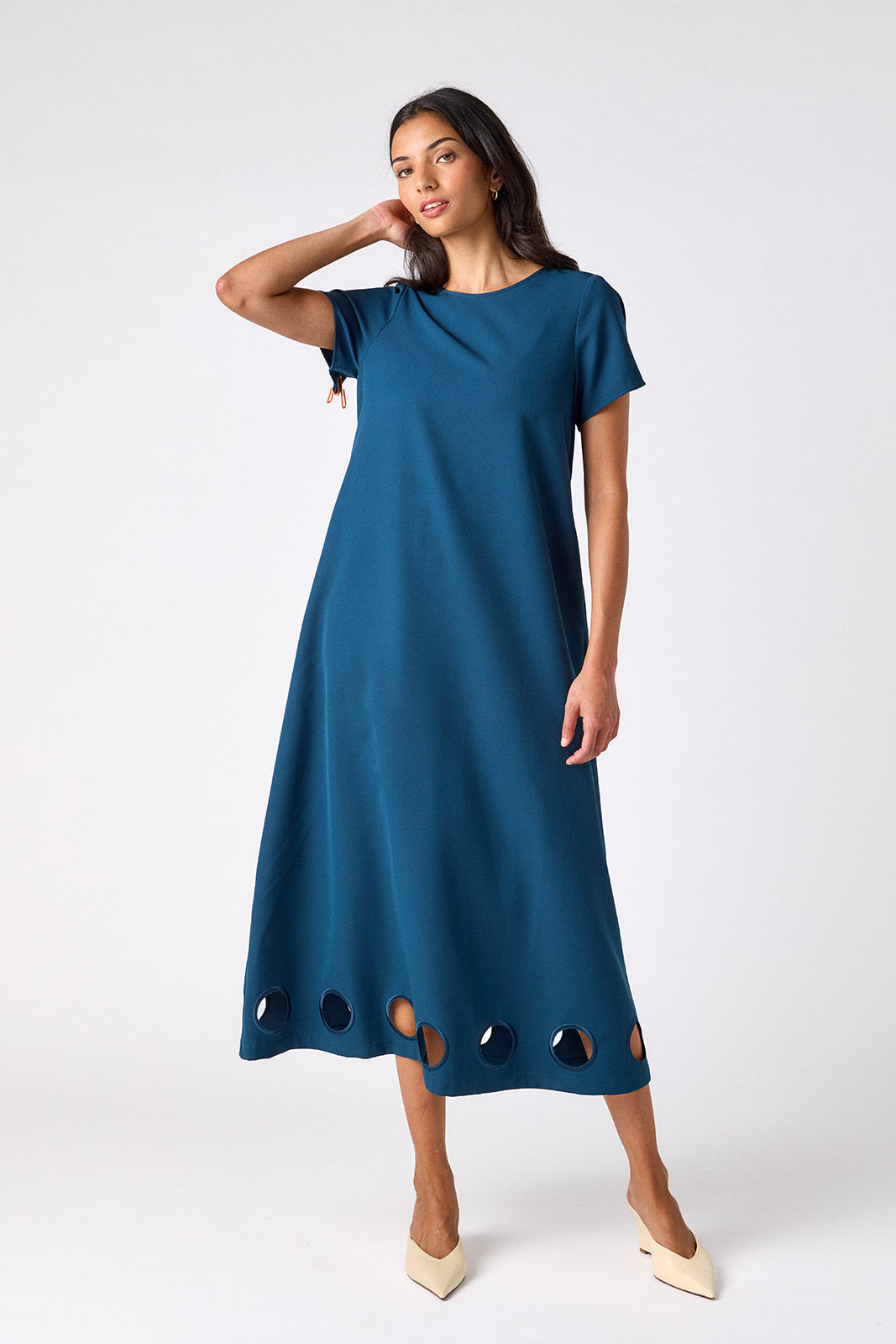 Midnight tent-style short sleeve dress on model – CROSBY by Mollie Burch